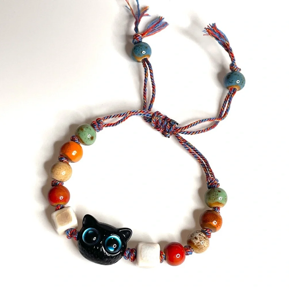 Black Cat Bracelet Red white Tan orange Ceramic Beaded Adjustable Cord